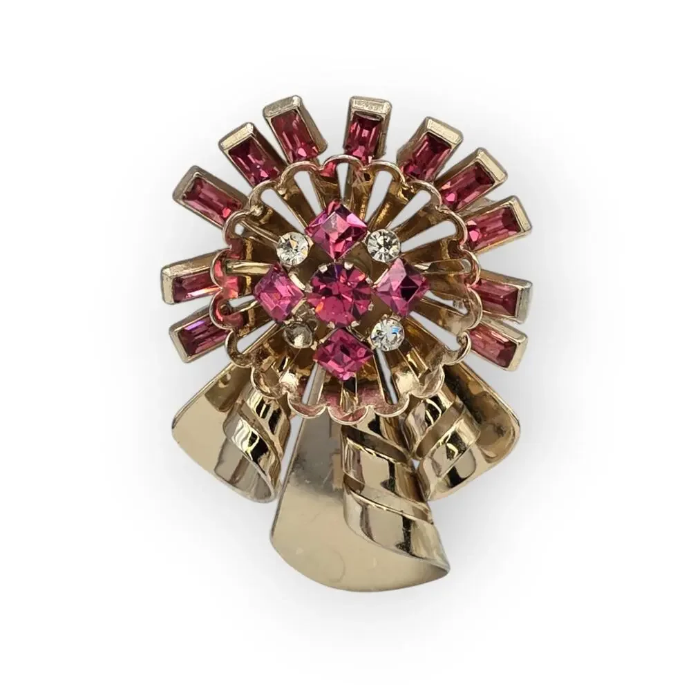 Pink Rhinestone Ribbon Bow Brooch Pendant Gold Tone Vintage Mid-Century Glamour